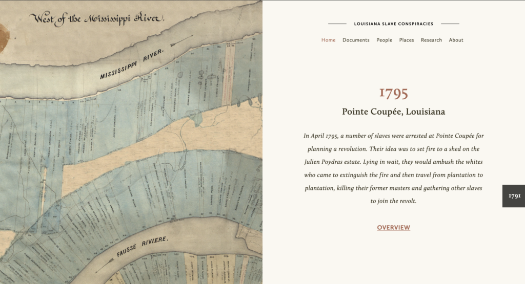 Homepage of Berkeley's Louisiana Slave Conspiracies with Mississippi River and Fausse Riviere map on the left and description on the right